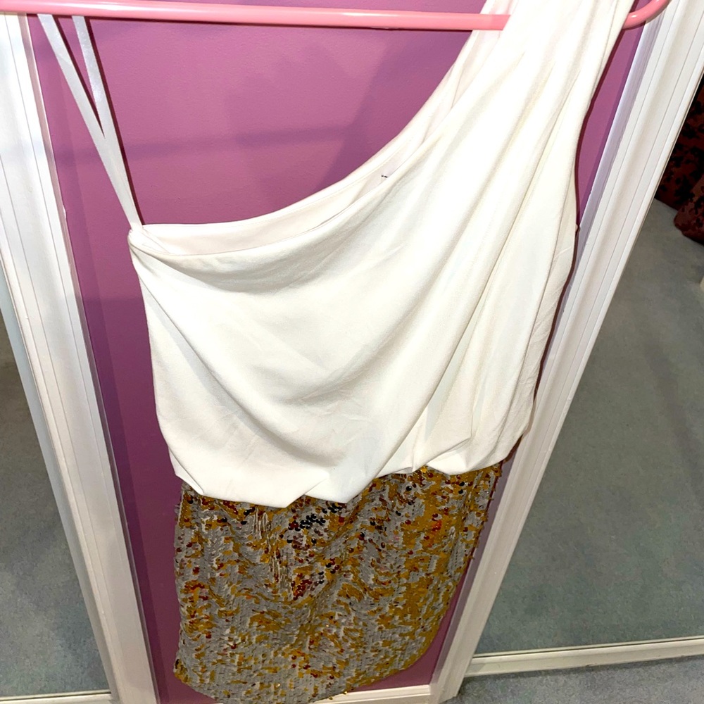 One shoulder dress with attached gold sequin skirt